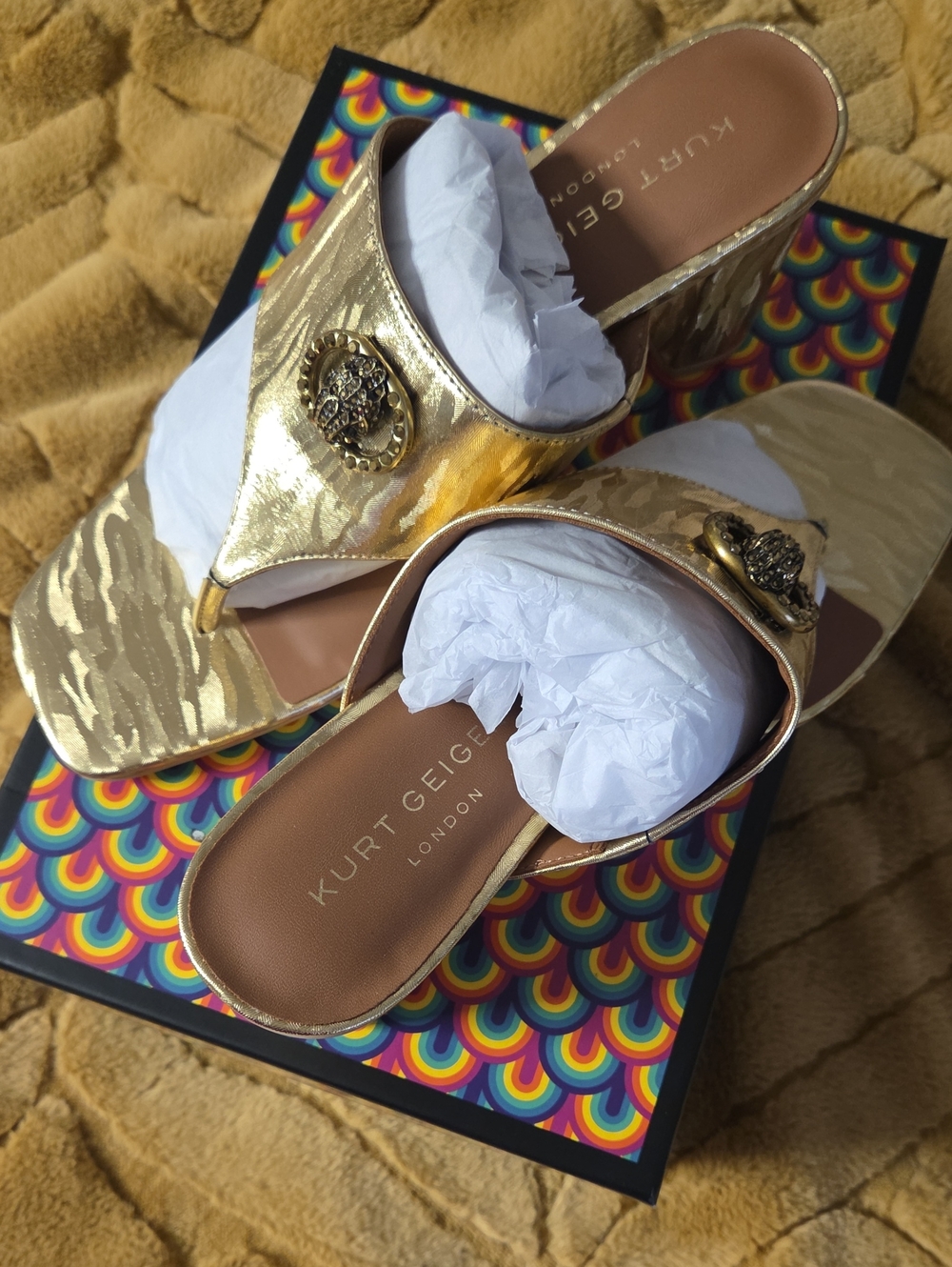 Kurt Geiger Gold Metallic Medallion Mule Heels